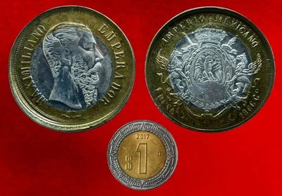 MEXICO MAXIMILIANO BI-METAL BRONCE ALUMINIO  EN COSPEL 100 PESOS