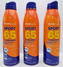 3 CVS Health Sport 65 Clear Sunscreen Spray 5.5 oz Water Resistant EXP 06/26