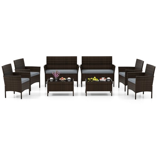 8 PCS Patio Furniture Set w/Washable Cushions and Tempered Glass Coffee Table