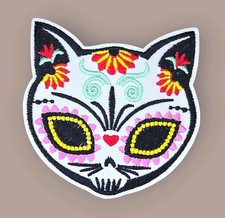SUGAR SKULL CAT PATCH DAY OF THE DEAD CUTE EMBROIDERED IRON ON PATCH 3.5 X 3.5
