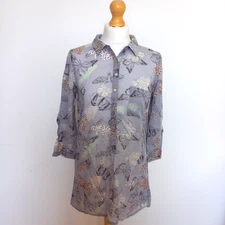 White Stuff UK 8 Butterfly Print Popover Shirt Roll Tab Sleeves Grey Multi
