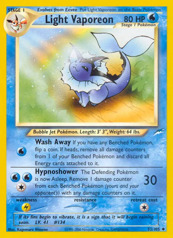 Light Vaporeon - 52/105 - Pokemon Neo Destiny Unlimited Card WOTC LP