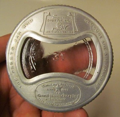Presto Good Housekeeping vtg. aluminum bowtie canning lid, glass insert, gasket