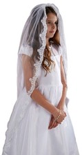 45 Inch Girls Tulle Lace Edge Mantilla, First Communion Veil, White, Catholic