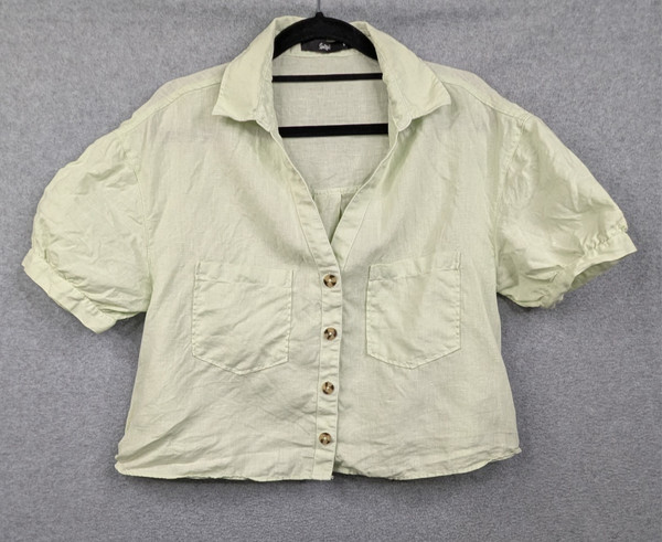 Sportsgirl Top Womens 8 Pale Green Cropped Button Up Linen Shirt Event Career