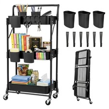 3 Tier Foldable Rolling Cart with Wheels, Folding Utility Cart Organizer, Col...
