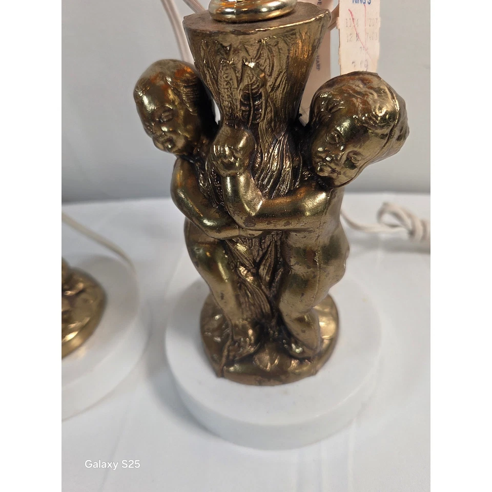 Par de lámparas de mesa vintage de querubín con acento ámbar Hollywood Regency Foto 3 de 4