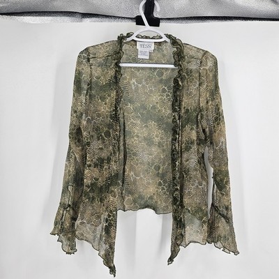 Vintage Y2K Button Down Shirt Green Tan Silk Snake Print Sheer Whimsigoth Size 6
