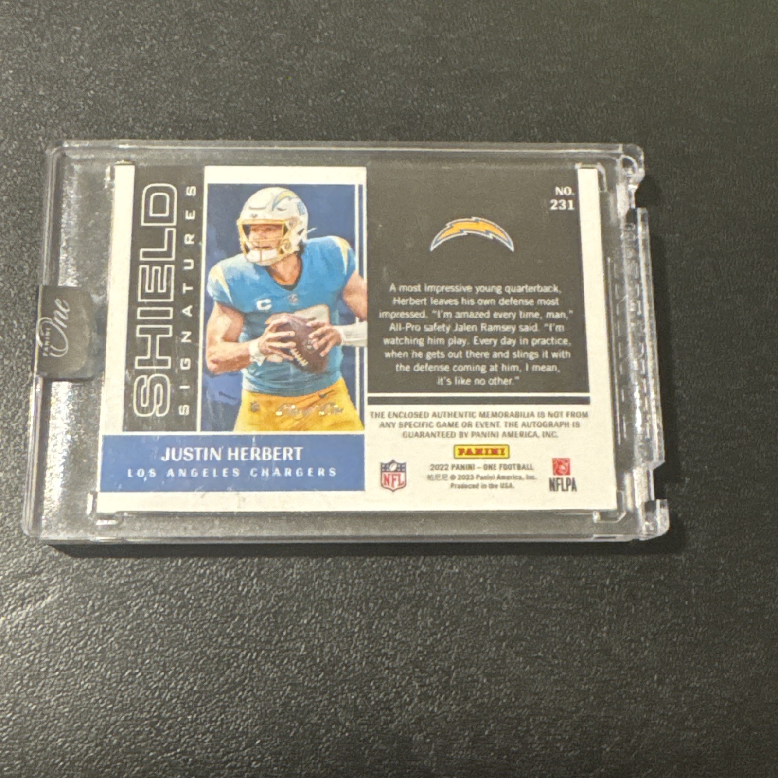 2022 Panini One Football Justin Herbert Shield Signatures 1/1 Auto NFL Shield  view 2