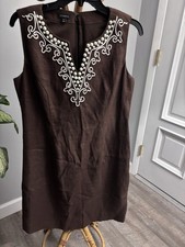 Talbots Brown Linen Beaded Embroidered V-Neck Sleeveless Knee Sheath Dress 10