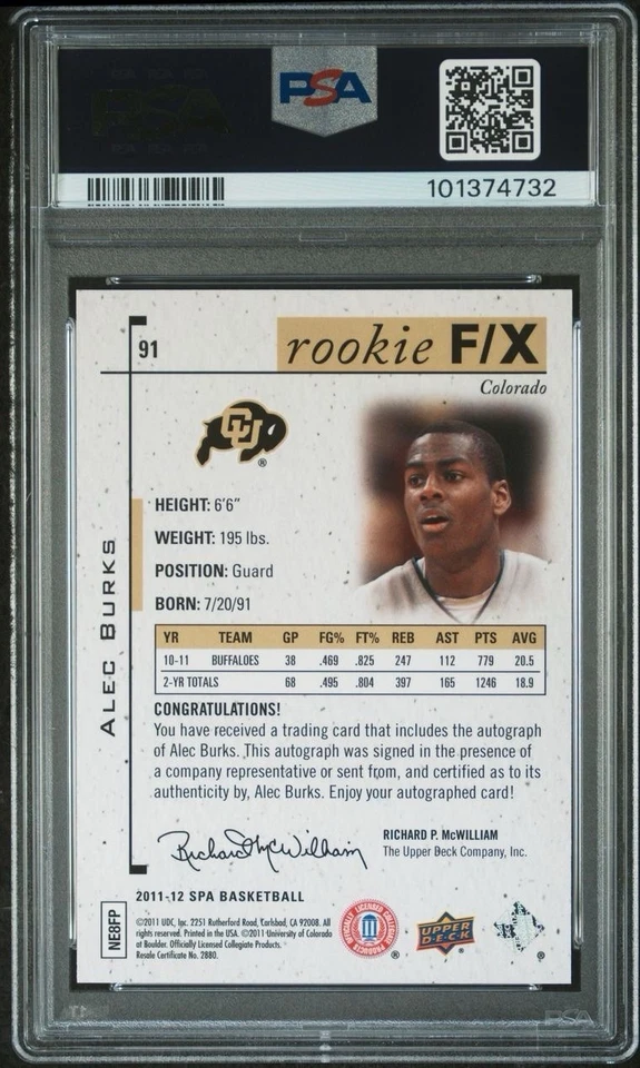 2011-12 Upper Deck Authentic SP #91 ALEC BURKS AUTO Colorado | PSA 10 | POP 1 - Image 2 of 4