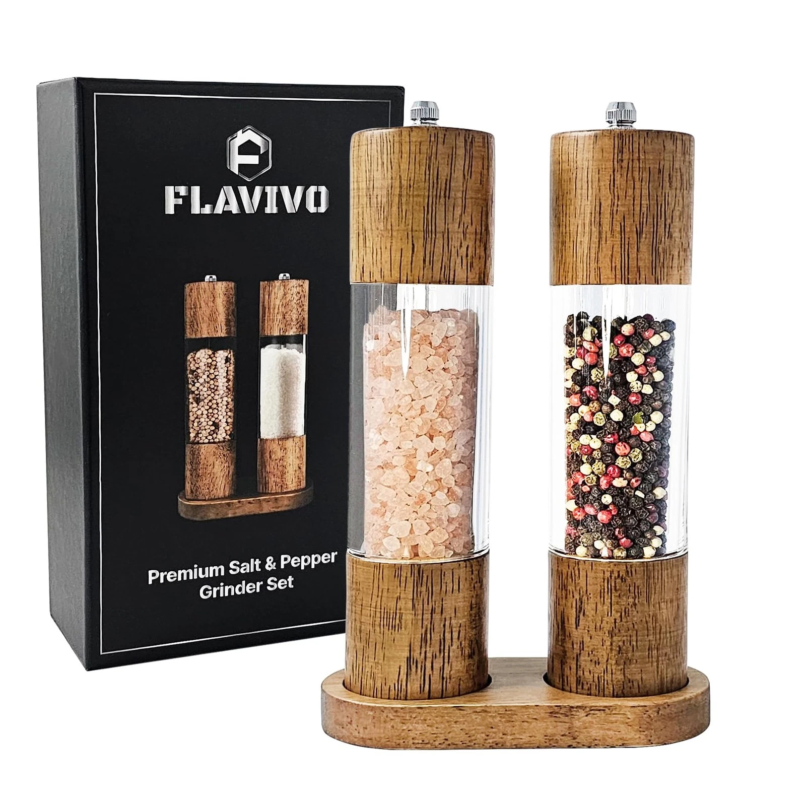 Wooden Salt and Pepper Grinder Set, Manual Premium Acrylic Salt and pepper Mi...