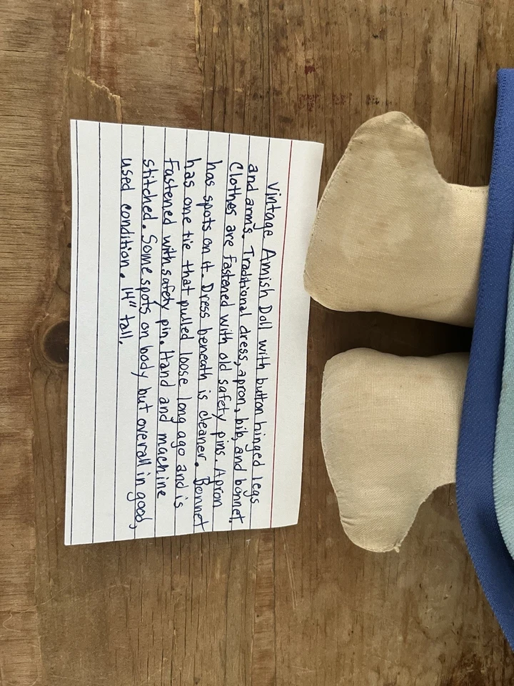 "Muñeca Amish vintage de 14"" hecha a mano con descripción de fabricantes ropa tradicional" Foto 3 de 4