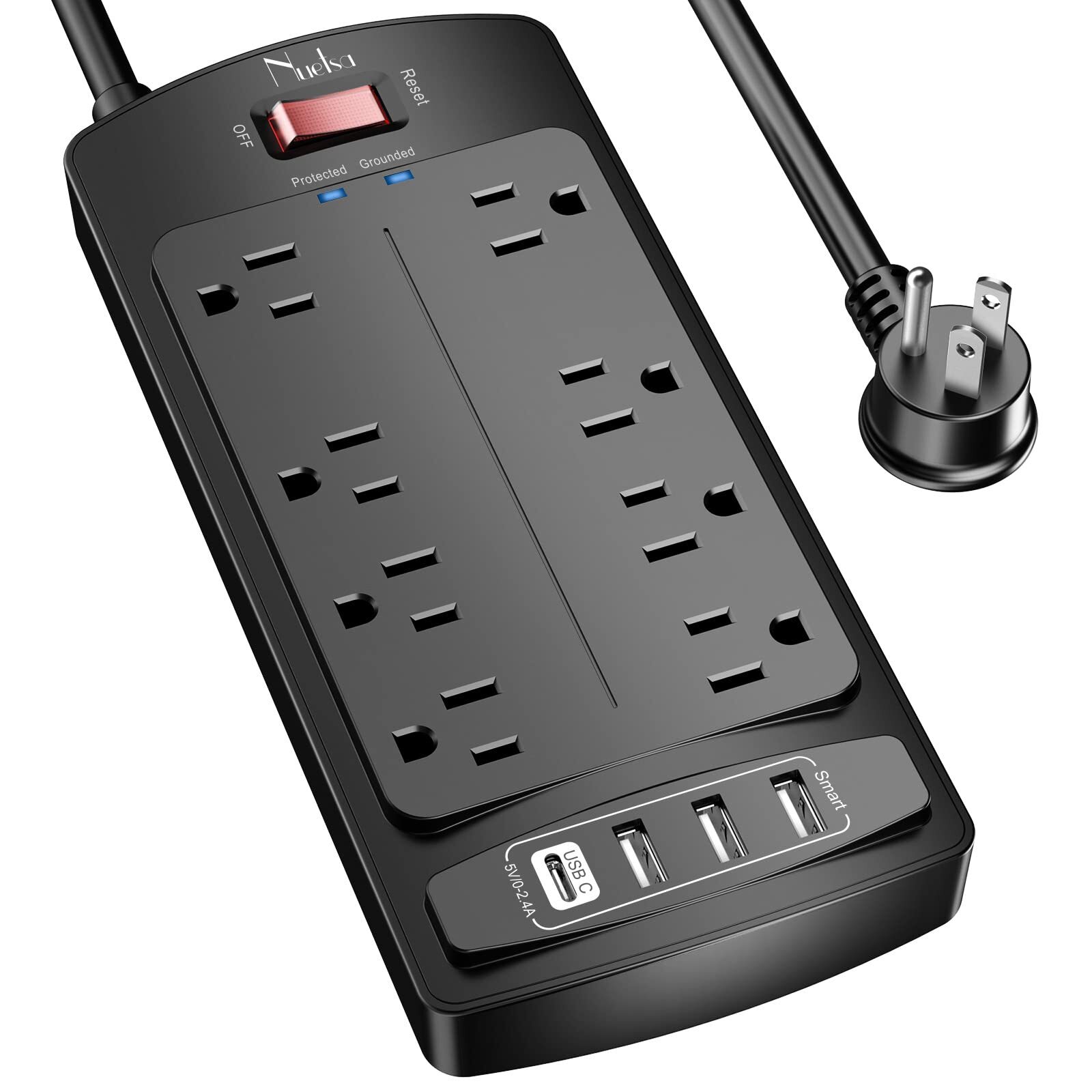 Surge Protector Power Strip Flat Plug Extension Cord With 8 Outlets And 4 Usb Po-image