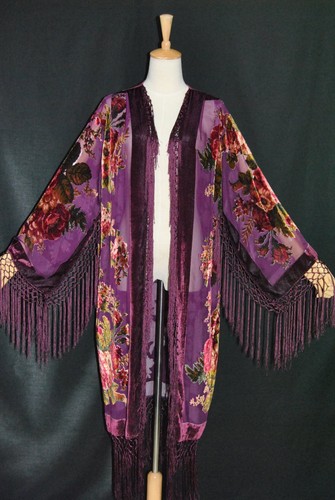Art to Classic Eastern Flower Burnout Velvet Fringe Jacket Coat Kimono Duster - Bild 5 von 42