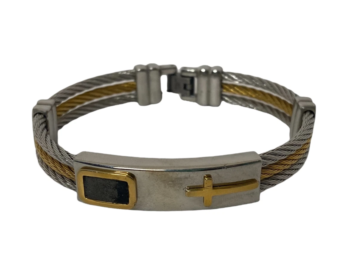 UNISEX Gold Silver Tone Cross ID Stainless Steel Twisted Cable Bangle Bracelet