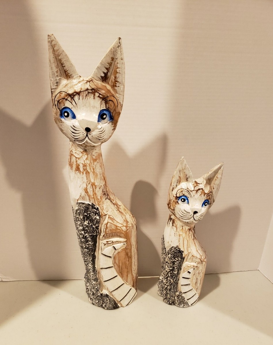 Folk Art Hand Carved & Painted Wooden Cats Pair Figures Siamese  display picture 1