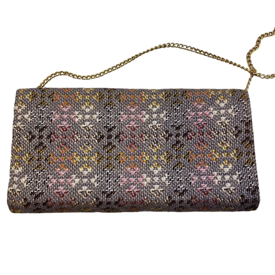 Vintage 60's Frizione Borsa Gallese Lana Tessuta Marrone Catena Cinturino Con - Immagine 4 di 4