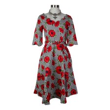 VOODOO VIXEN RETRO PIN UP 50s SUZANNE HOUNDSTOOTH POPPY FLARE DRESS DRA8081