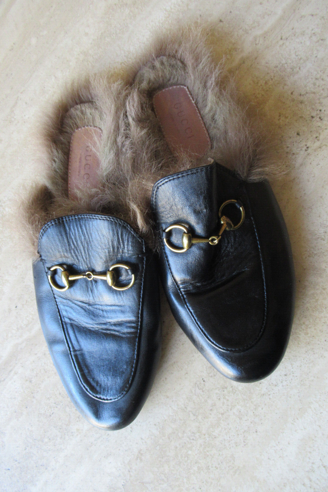 PANTOFOLA D’ORO PANTOFOLA ORIGINALE GUCCI PRINCETOWN SHEARLING FODERATA IN PELLE BLK TAGLIA36 RET $1050 AFFARE!