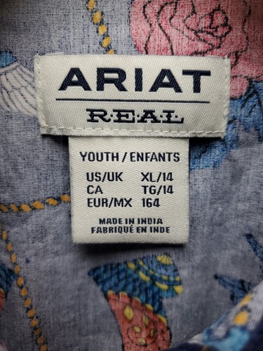 Ariat Girls Kirby Western Rodeo Shirt Size XL Pearl Snap Blue Horseshoes Floral - Picture 8 of 10