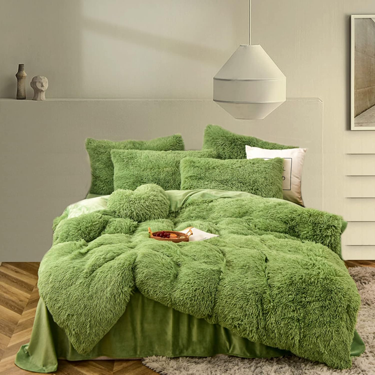 Luxury Shag Fluffy Comforter Cover Set, Shaggy Faux Fur Duvet Cover Sets - 5 Pcs
