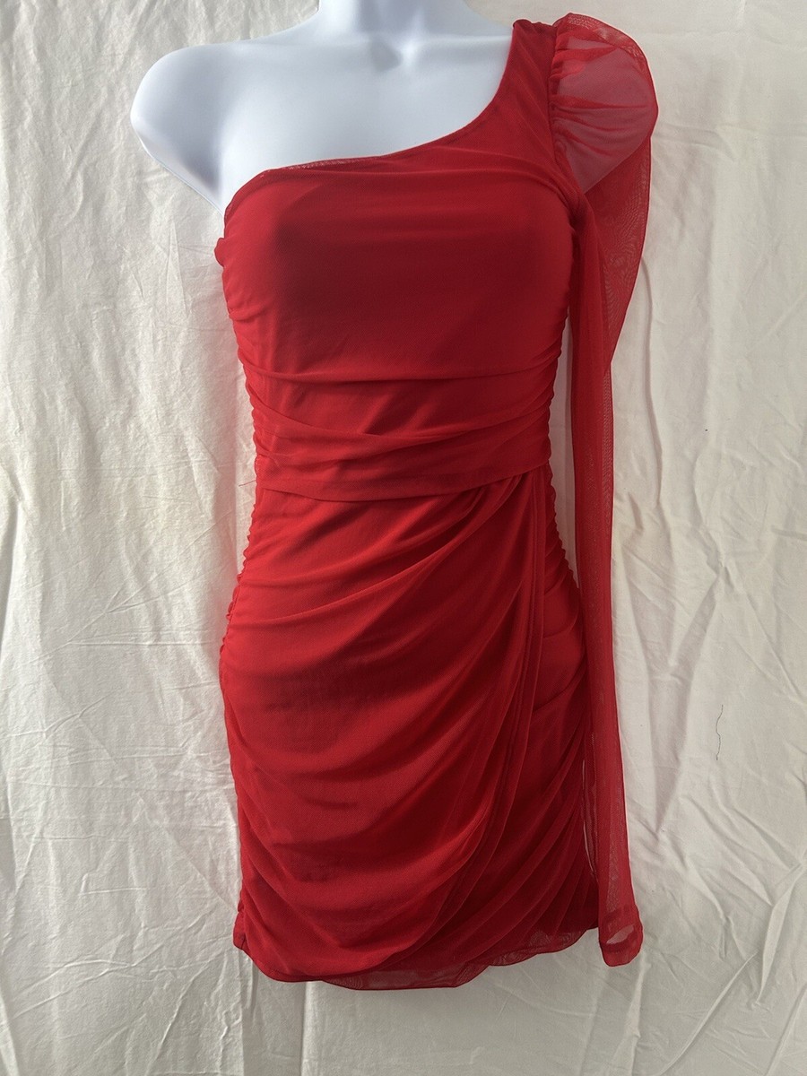 Lucy In The Sky Red Pleated One Shoulder Mini Dress Long Sheer Sleeve BodyCon XS Lucy In The Sky Red Pleated One Shoulder Mini Dress Long Sheer Sleeve BodyCon XS