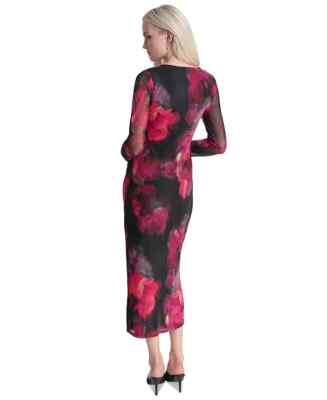 NEW NWT DKNY Black & Pink Floral Asymmetric Ruched Printed-Mesh Long L/S  Dress 8 | eBay