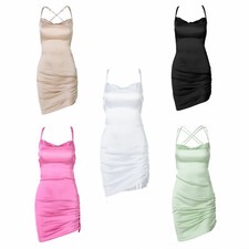 Women's Ruched Side Strappy Dress Lace Up Backless Cami Mini Bodycon Club Dress