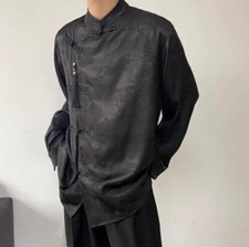 Mens Youth Fashion Jacquard Mandarin Collar Long Sleeves Retro Casual Shirt b434