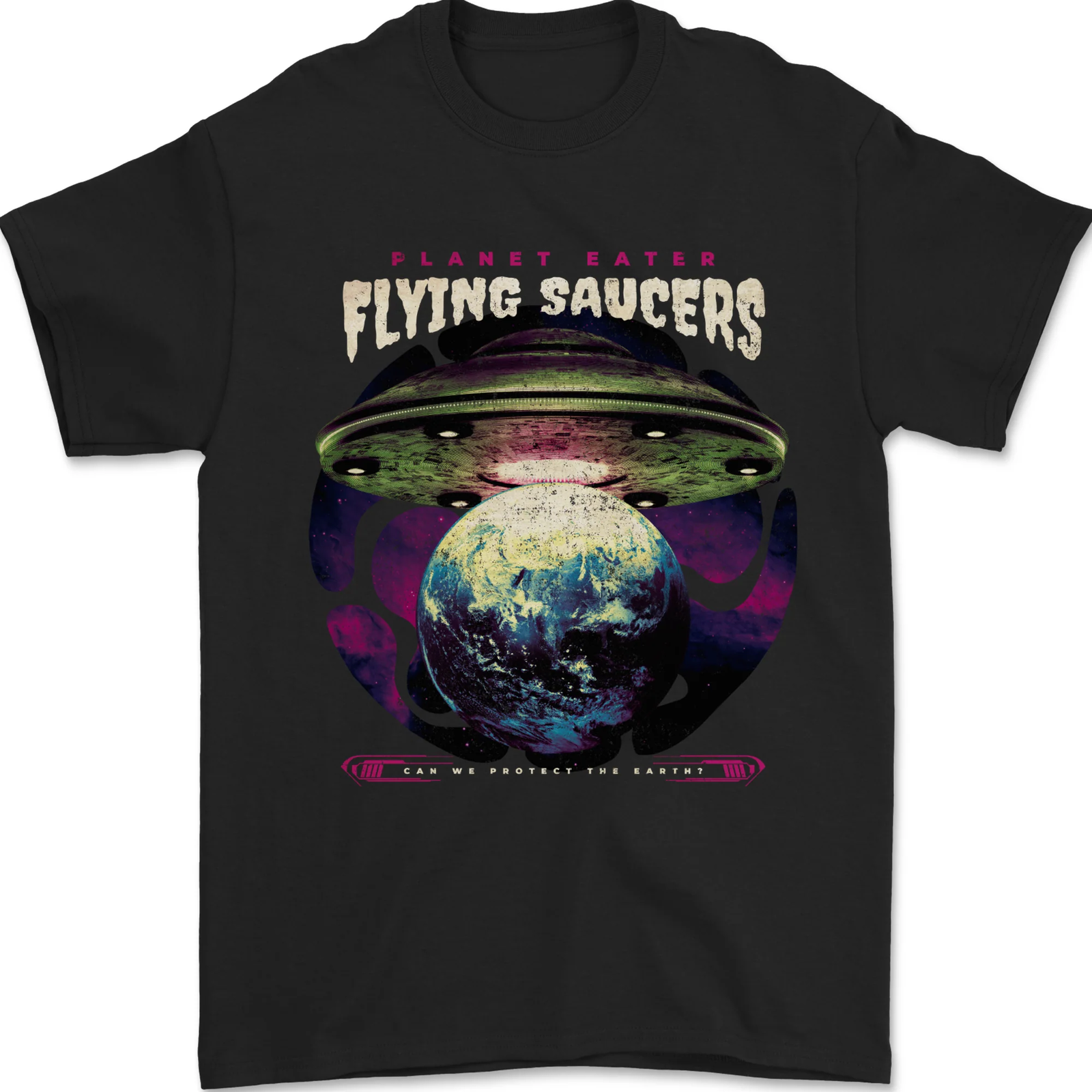 Planet Eating Flying Saucers Alien UFO Mens T-Shirt 100% Cotton
