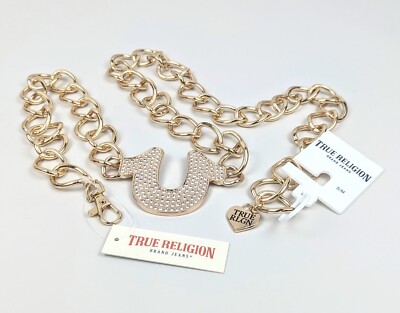 True Religion Gold Chain Accent Belt Horseshoe Bling Logo 