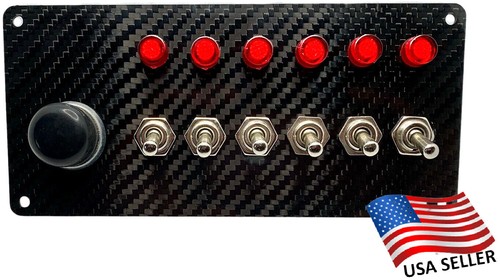 Real Carbon Fiber 6 Switch Panel, Start, 6 RED Indicator Lights, 1 Push Start