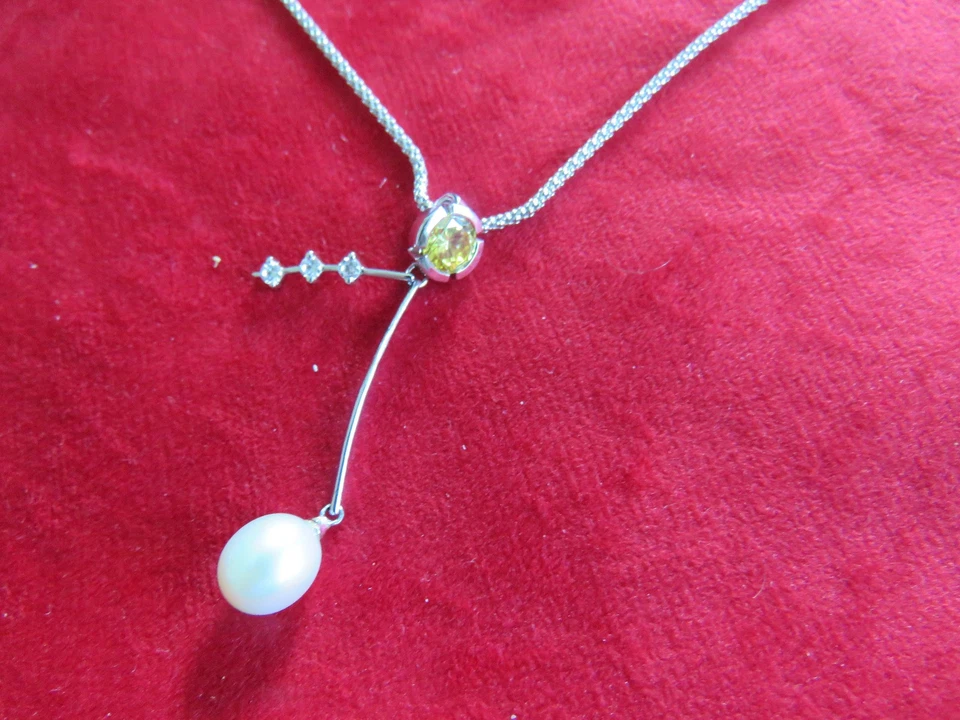 925er Argento Sterling Serpente Collana con Ciondolo Citrino, Zirconi & Perla - Immagine 2 di 4