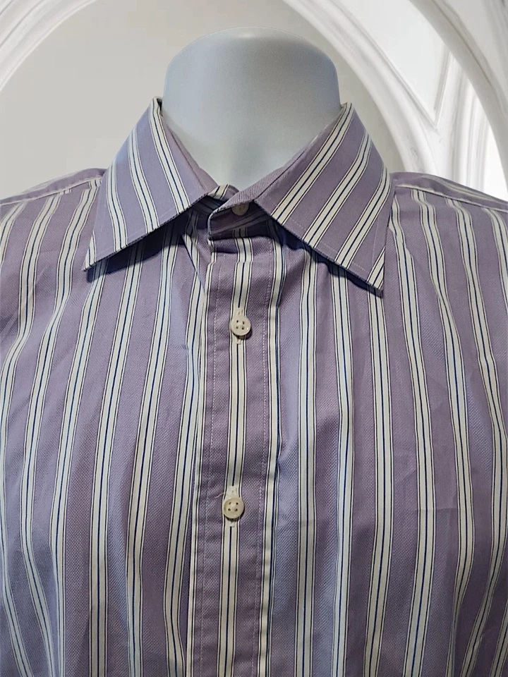 Camisa de Vestir Holland & Sherry Talla L Botón Frontal, Rayas Púrpura/Blanco, Leer. NS-1 Foto 3 de 4