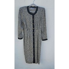 Vintage Adrianna Papell Dress Womens Size 12 Black White Silk Button Front Midi