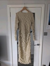PrettyLittleThing Dress UK 14 Cream Beige Textured Popcorn Puckered Crinkle Midi