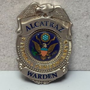 Old Copy Replica Metal Souvenir Alcatraz Warden Badge 3" USA Pin 1.5 oz