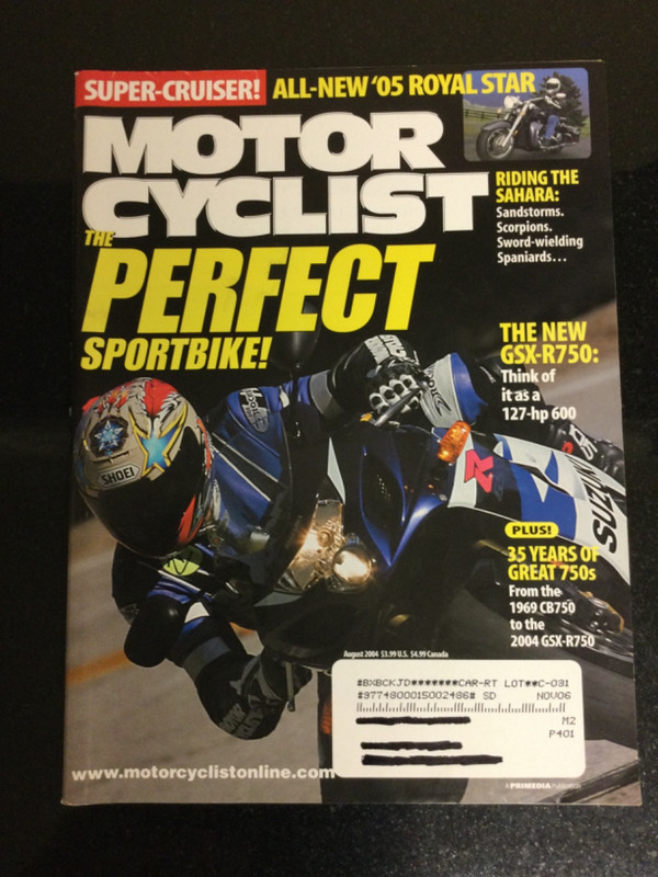 Motorcyclist August 2004 Suzuki GSX-R750 MV Augusta F4. 1969 Honda CB750 Ducati