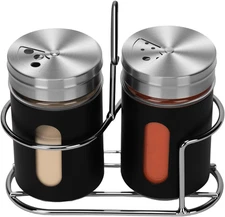 Glass Salt and Pepper Shaker Set with Seasoning Rack, Spice Rack, Adjustable Pou