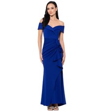 Xscape Women's Long Off The Shoulder Sweetheart Neck Side Ruffle Gown (Reg and