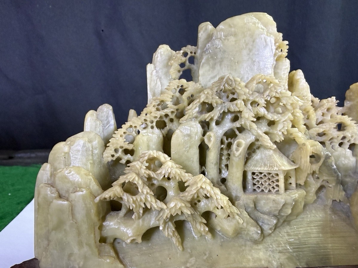 Hand Carved Chinese Soapstone Landscape Sculpture w/ Pavilion 9”x5