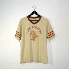 Kapital Ringer Tee College Life Scherzo Tal Inverted V-Neck Cat Motif Size 4 LRG