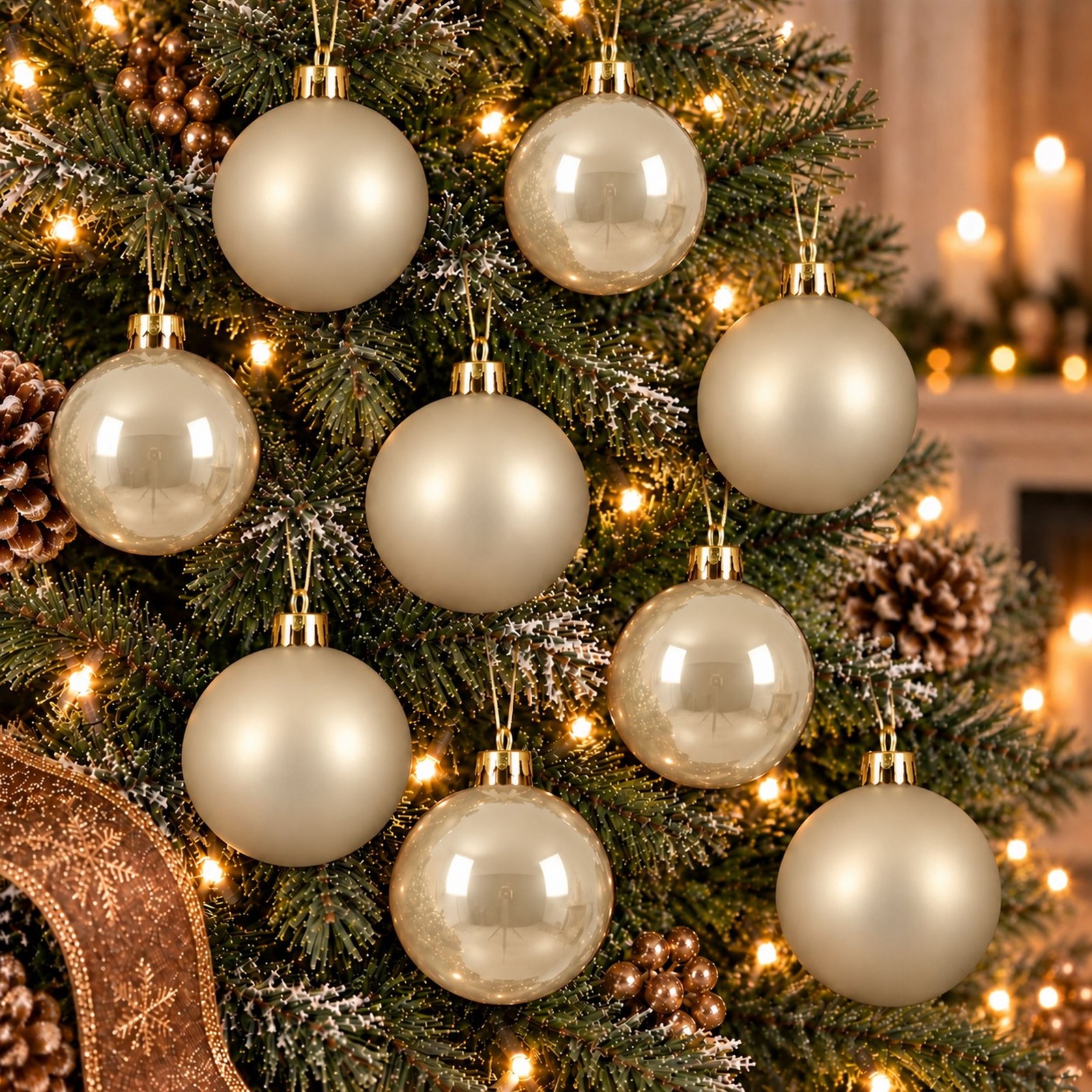 48 Christmas Tree Baubles Pearl Gold Shatterproof Ornaments 6cm Matt Shiny
