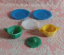  6 Pc. Vintage AKRO AGATE Children's Toy OCTAGONAL Dishes 3 PLATES CUP  SUGAR 
