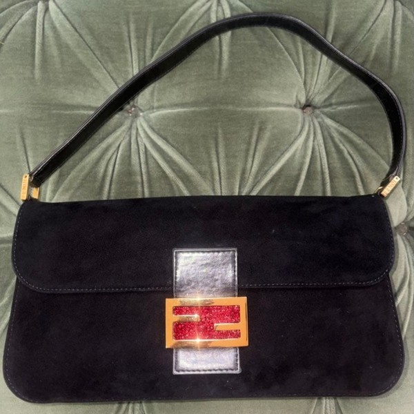 FENDI Mamma Baguette Flap Shoulder Bag Suede Leather Black Gold Red FF Women