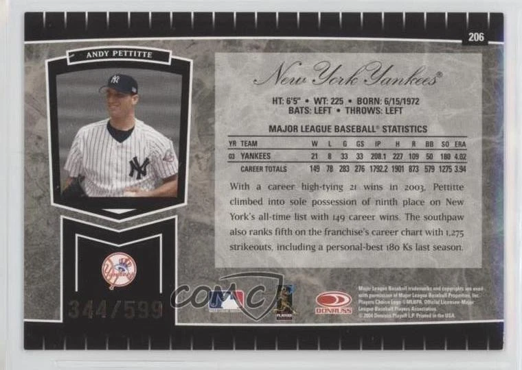 2004 Leaf Certified Cuts /599 Andy Pettitte #206 - Image 2 of 2