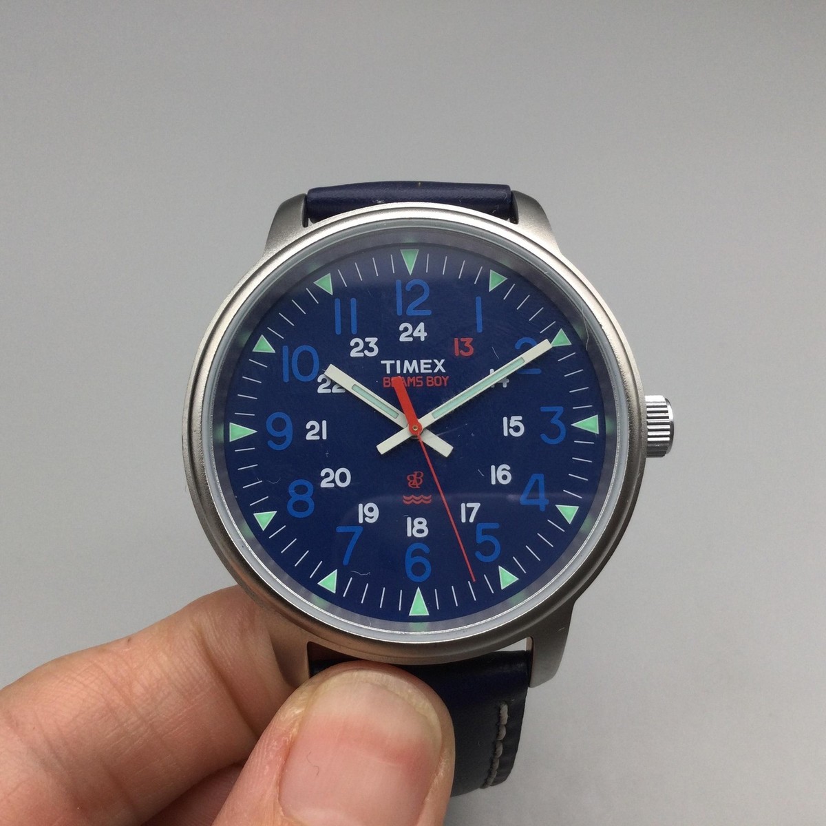 Timex X BEAMS BOY Watch Men 43mm Blue Dial Navy Leather Strap 50M