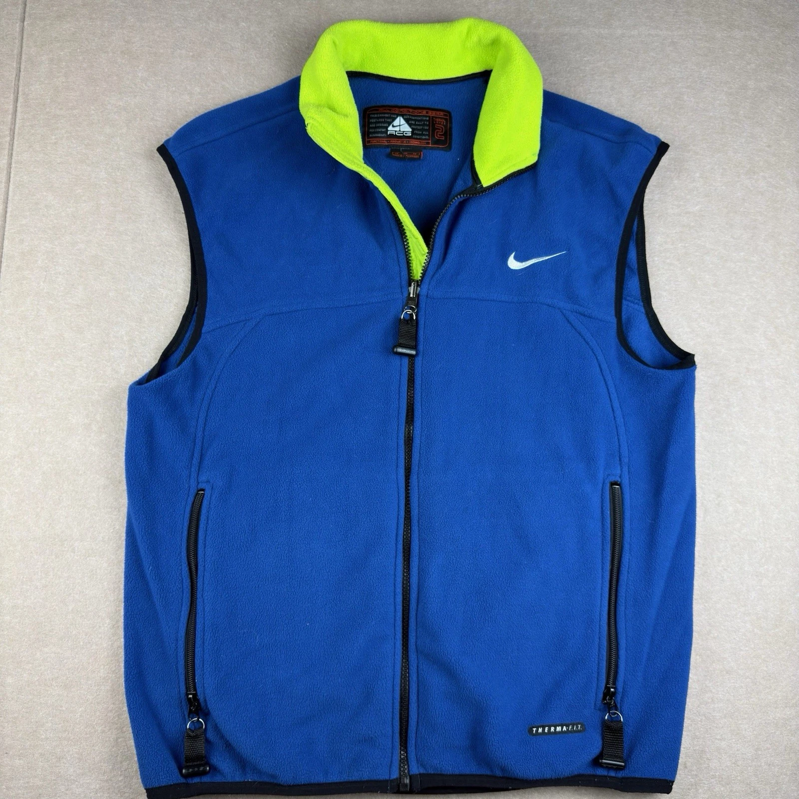 Vintage Nike ACG Therma-Fit Fleece Vest M Blue Neon Green Thermal Layer 2