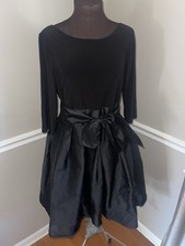 Adrianna Papell Black Party Dress Fit Flare Taffeta Skirt Bow Waist Size 12